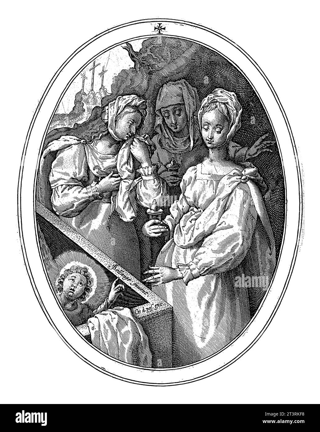 Tre Marys alla Tomba, Crispijn van de Passe (i), dopo Jacques Bellange, 1600 alla tomba di Cristo, un angelo appare alle tre donne sante che c Foto Stock