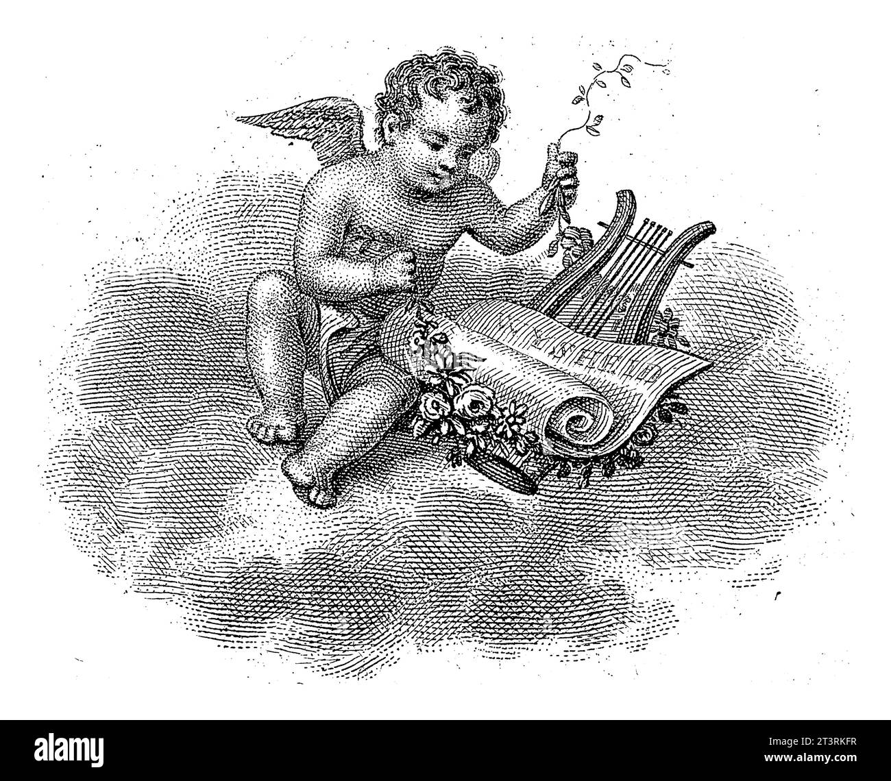 Angelo con una lira su una copertura nuvola, Philippus Velijn, dopo Pieter de Goeje, 1828 un angelo siede su una copertura nuvola e lega una ghirlanda di fiori intorno a un Ly Foto Stock