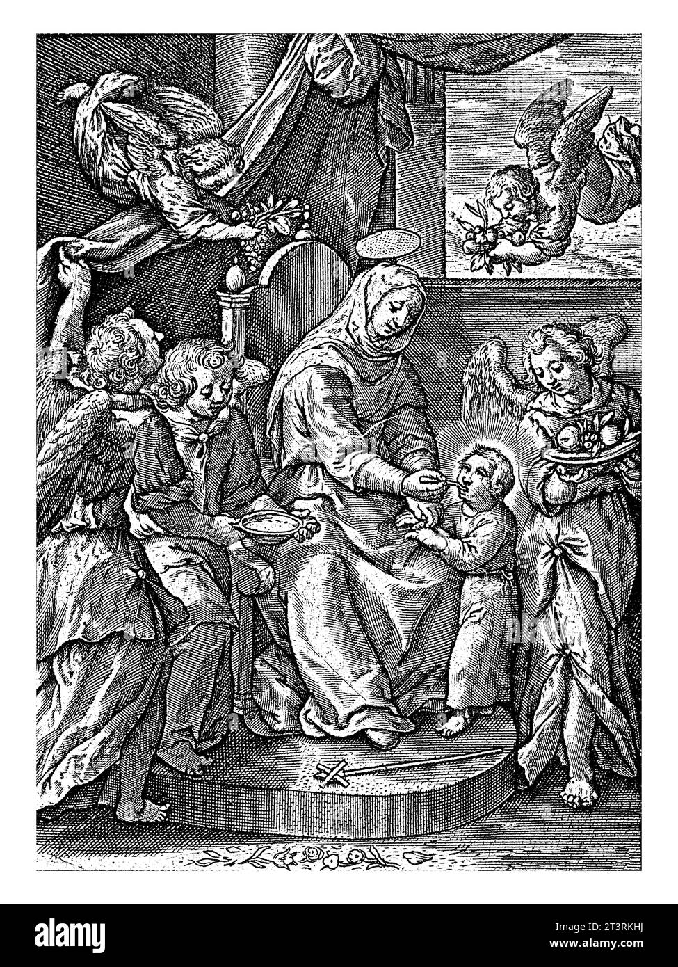 Maria che dà da mangiare al bambino, Antonie Wierix (III) (attribuita a), dopo Hieronymus Wierix, 1563 - prima del 1619 Maria alimenta il bambino standin Foto Stock