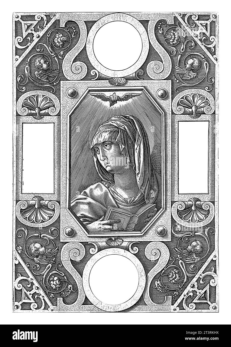 Annunciazione (Vergine Maria), Hieronymus Wierix, dopo Jan van der Straet, 1598 - 1602 Maria tiene un libro aperto nelle sue mani. Sopra di lei sorvola la Santa S Foto Stock
