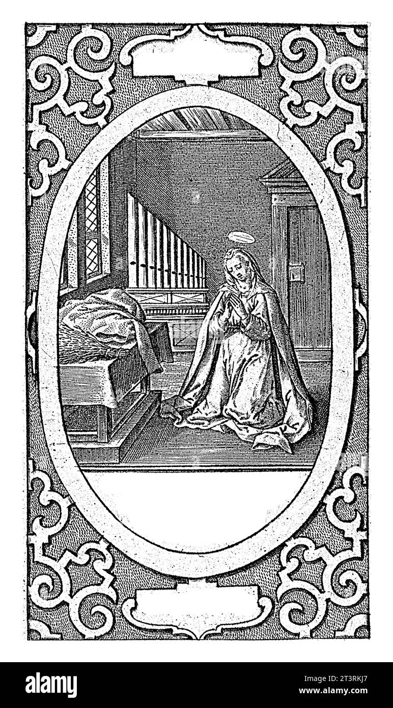 Santa Cecilia (se Castigans), Hieronymus Wierix, 1563 - prima del 1619 Santa Cecilia prega in una stanza, di fronte ad un tavolo con una piaga. Foto Stock