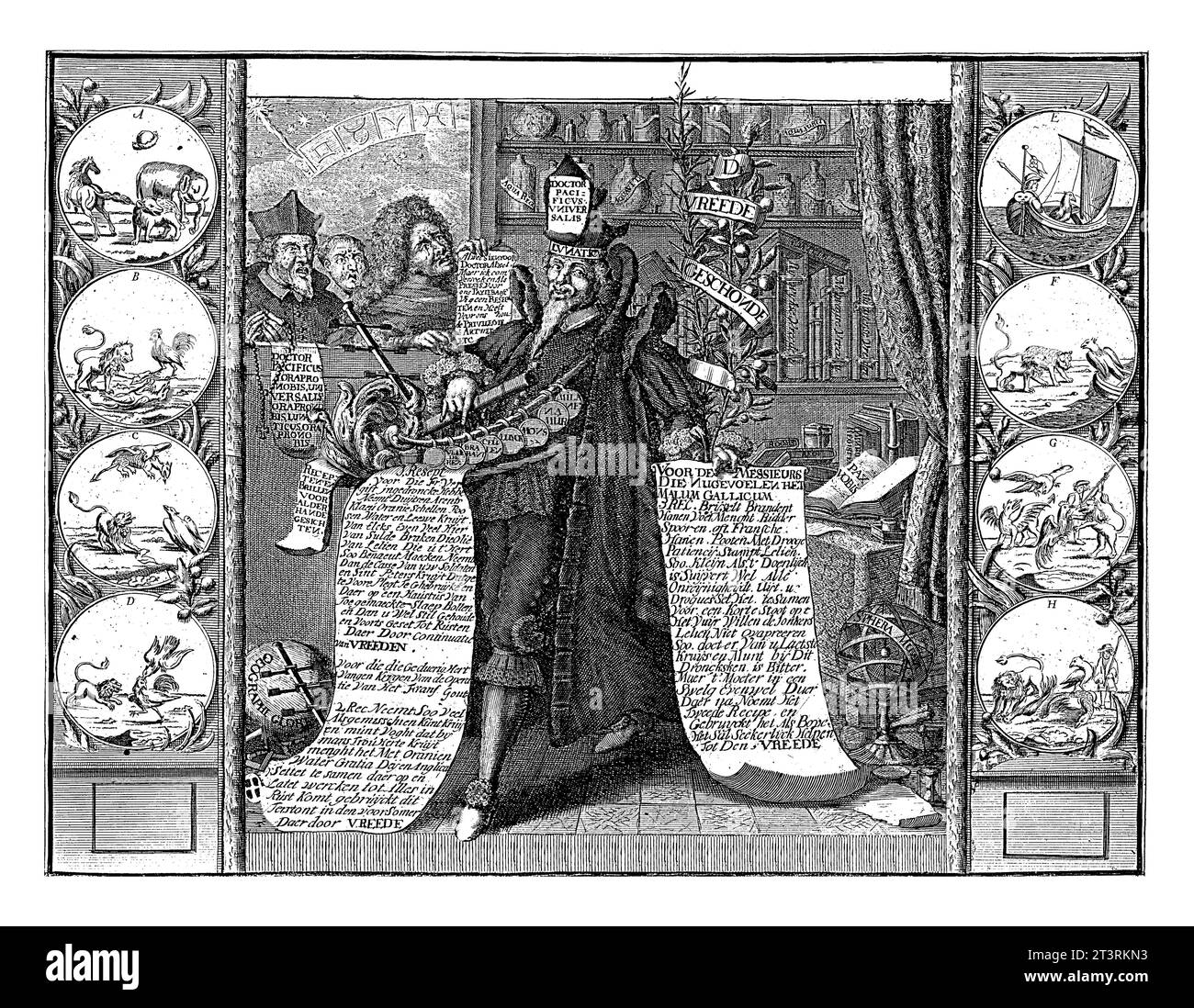 Il Soothsayer italiano, Monogrammist WR, 1704 - 1708 Allegoria con il soothsayer italiano che mostra ricette per curare la malattia francese. Foto Stock