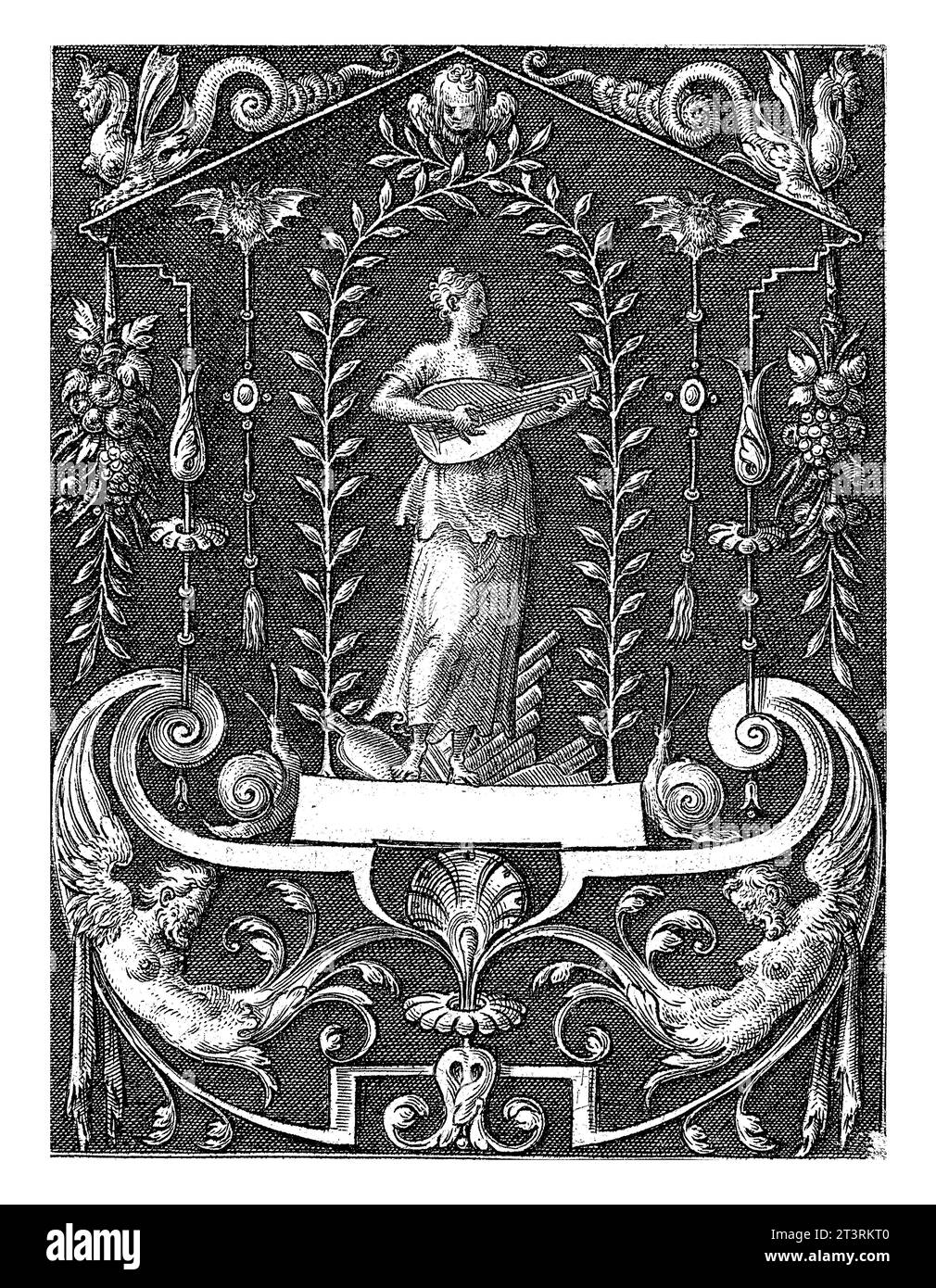 Musica, Etienne Delaune, 1528 - 1583 la musica, suonata su uno strumento a corde, sotto un arco di foglie. Foto Stock