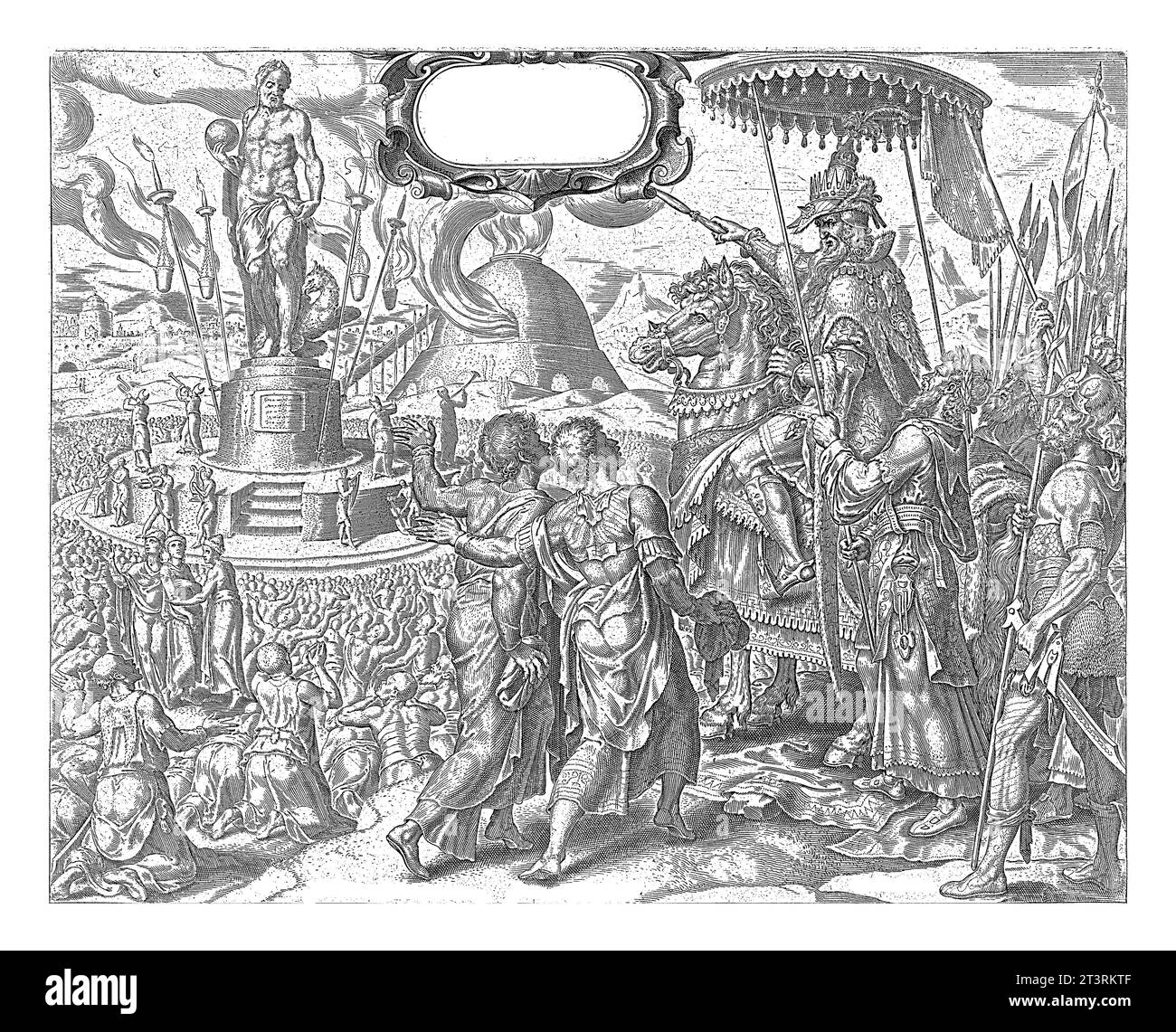 Nabucodonosor accusa Shadrach, Meshach e Abednego, Philip Galle, dopo Maarten van Heemskerck. Re Nabucodonosor accusa gli ebrei Shadrach, Mesh Foto Stock