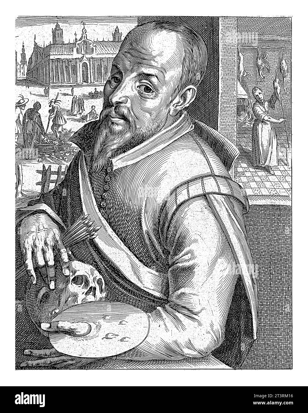 Ritratto di Joachim Beuckelaer, Simon Frisius, 1610 ritratto a metà lunghezza a sinistra di Joachim Beuckelaer. Sotto il ritratto si trovano il nome e quattro righe Foto Stock