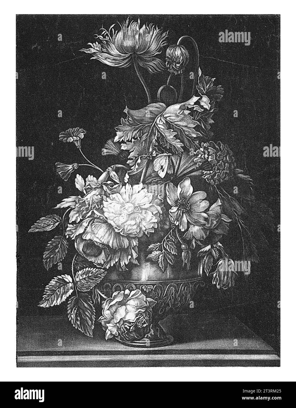 Vaso in metallo con fiori, Pieter Schenk (i), 1670 - 1713, inciso vintage. Foto Stock