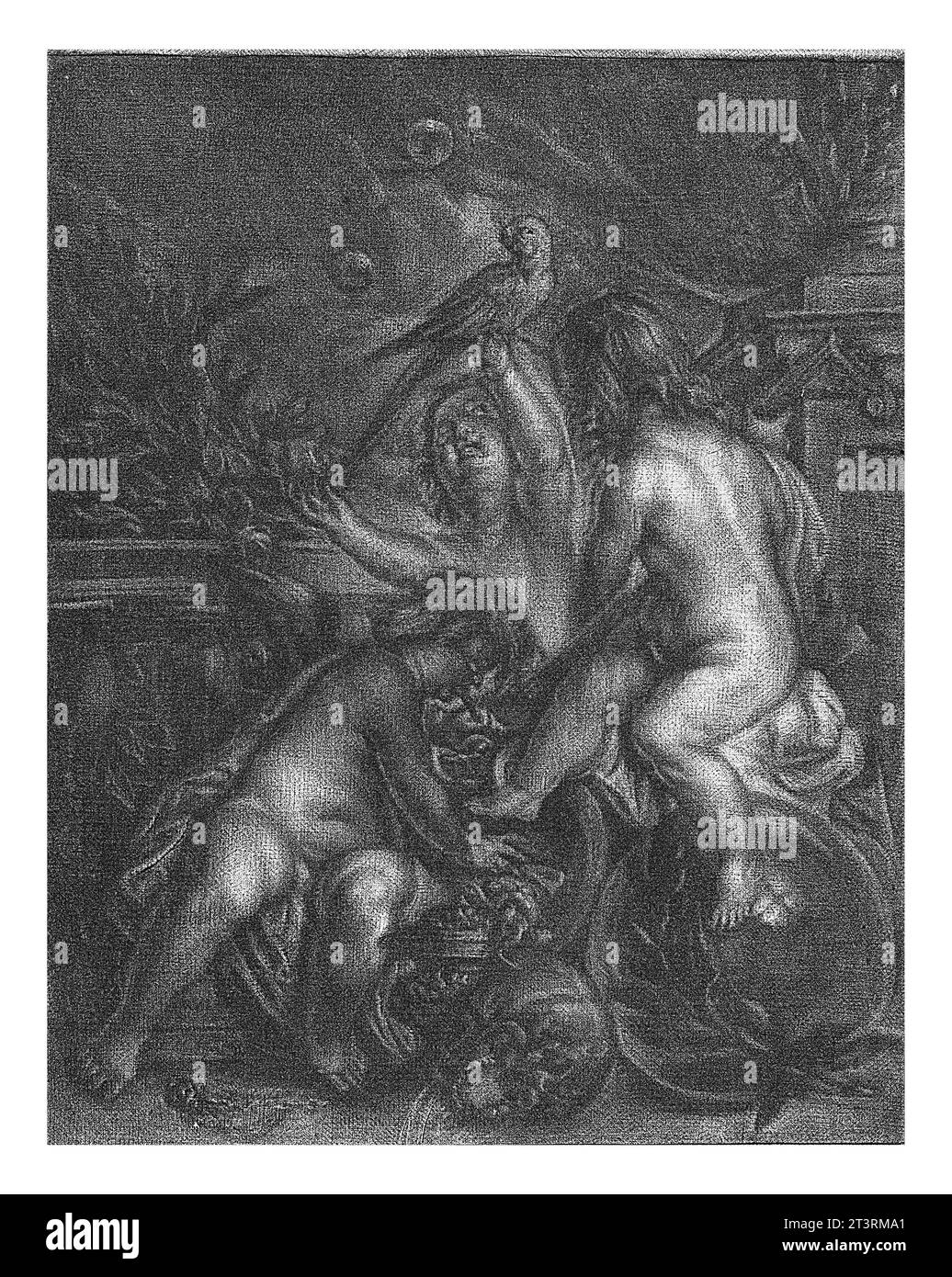 Allegoria di Transience (Vanitas), Jan de Groot, dopo Johannes de Boekhorst, 1745 Allegoria di Transience con tre figli, uno dei quali soffia S Foto Stock