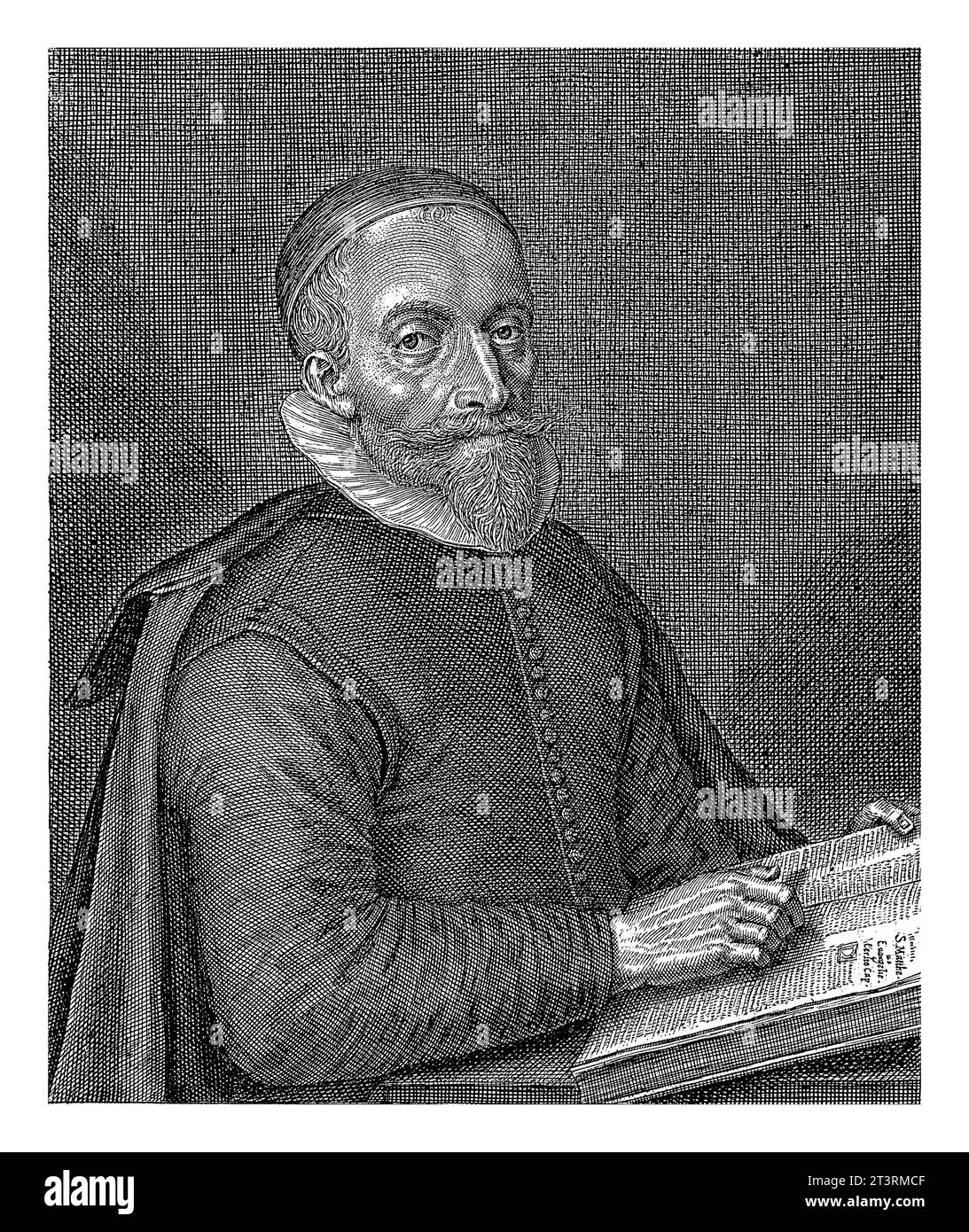 Ritratto di Joost Hendrickzen, Crispijn van de Passe (II), 1604 - 1670 Ritratto del predicatore Joost Hendrickzen. Legge dalla Bibbia il Vangelo Foto Stock