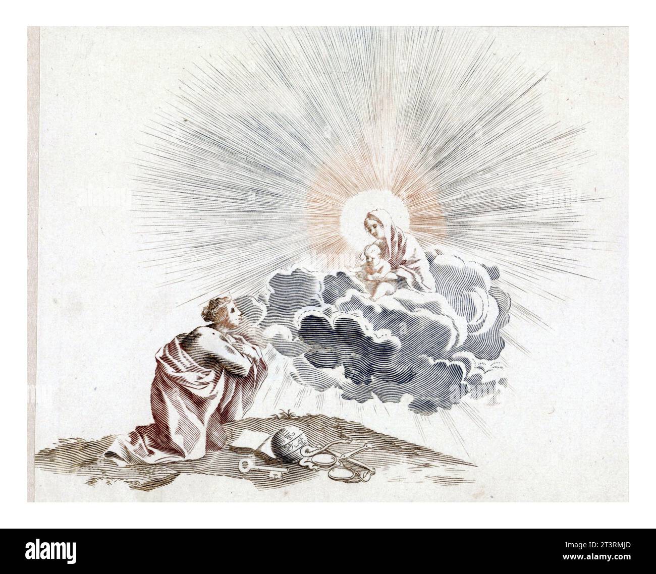 Una donna prega Maria con Cristo bambino, anonimo, 1688 - 1698 Una donna si inginocchia e prega Maria, che appare sulle nuvole con Cristo bambino. Foto Stock