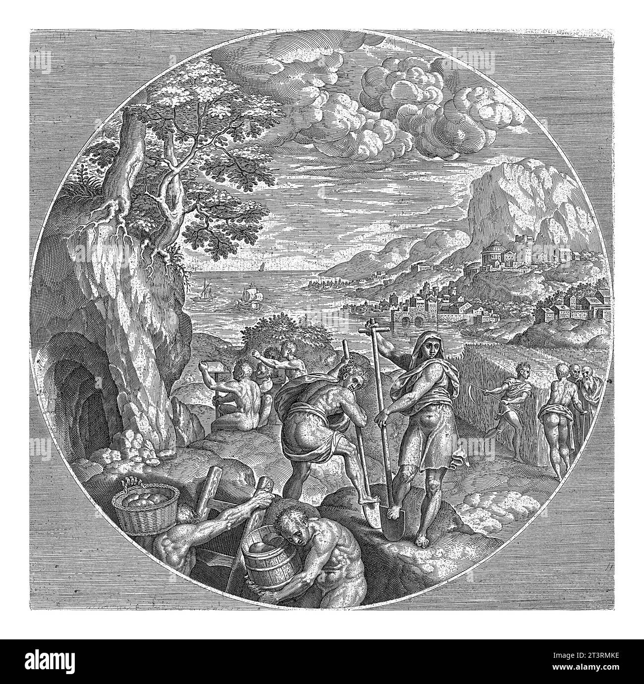 Età del bronzo, Philips Galle, dopo Gillis Coignet (i), 1573 in una cornice rotonda l'età del bronzo di Minerva. In primo piano la terra è lavorata e lavorata Foto Stock