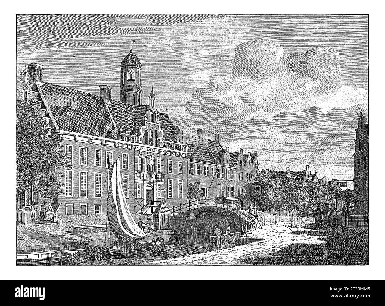 Vista del municipio di Dokkum, Dirk de Jong, dopo G. Verstege, 1779 - 1805 Vista del municipio di Dokkum. In primo piano un ponte e barche Foto Stock
