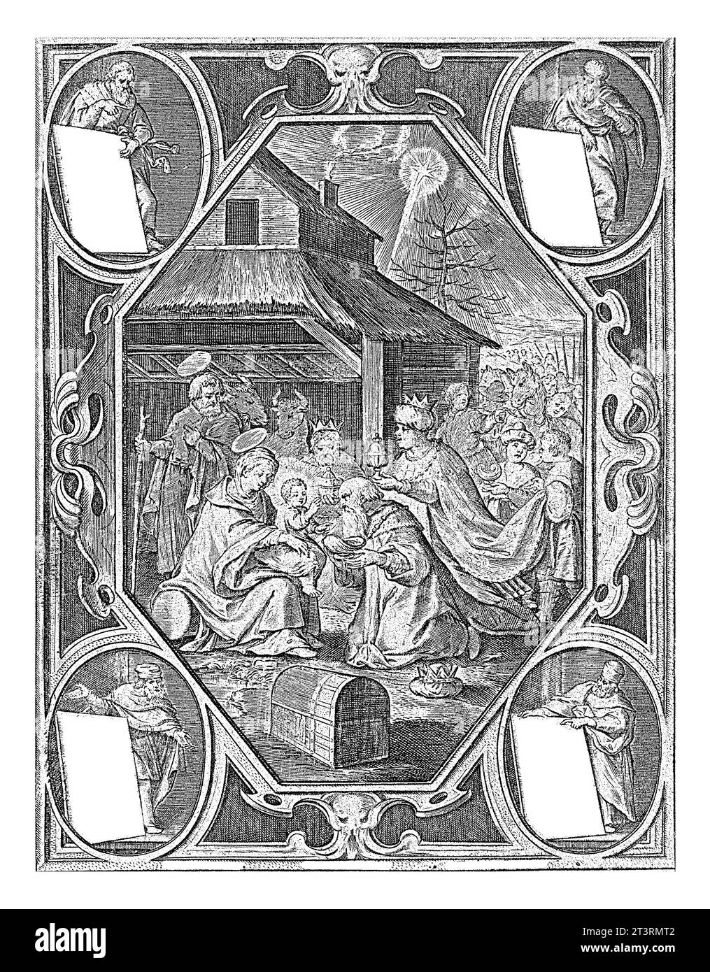Adorazione del bambino di Cristo da parte dei tre Magi, Jan-Baptist Barbe, dopo Pieter de Jode, 1588 - 1648 i tre Re presentano doni al Cristo Chil Foto Stock