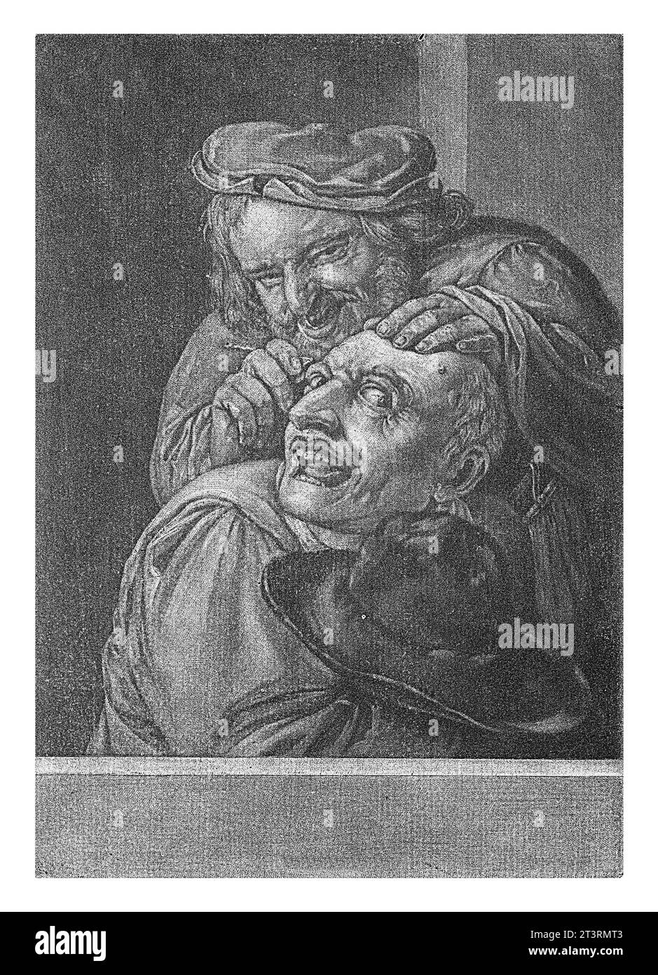 Keisnijder (il sentimento), Abraham Bloteling, dopo Petrus Staverenus, 1652 - 1690 il senso del sentimento. Un uomo taglia un masso dalla testa di un altro uomo Foto Stock