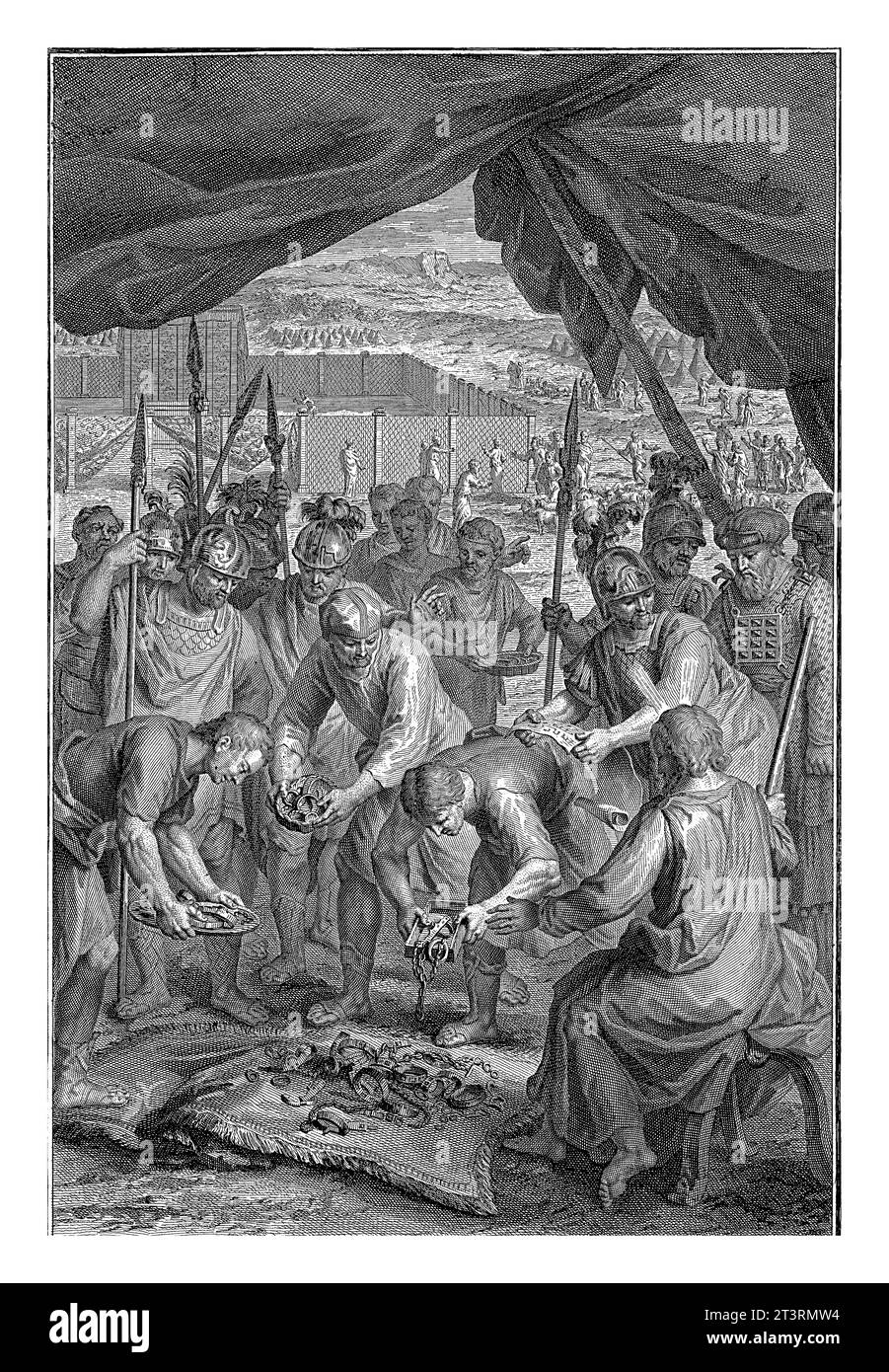 Offerta della rovina dei Midianiti, Gilliam van der Gouwen, dopo Gerard Hoet (i), 1728 Mosè e il sacerdote Eleazar accettano i gioielli d'oro da Foto Stock