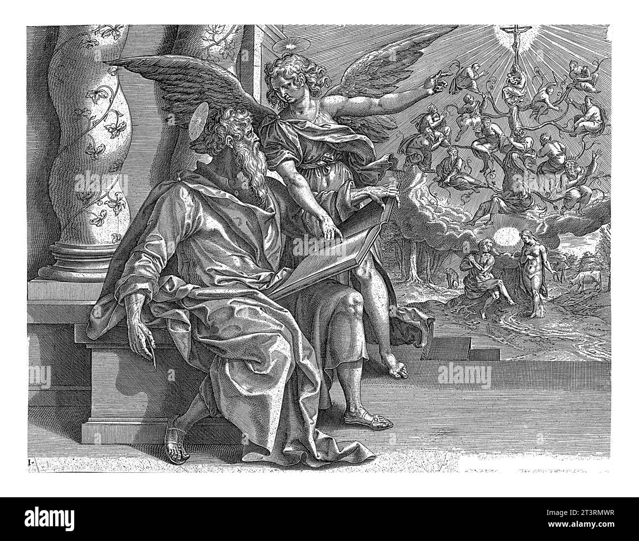 L'evangelista Matthew scrive il suo Vangelo. Si trova sulla base di un paio di colonne intrecciate. L'angelo è accanto a lui. Sullo sfondo Adam Foto Stock