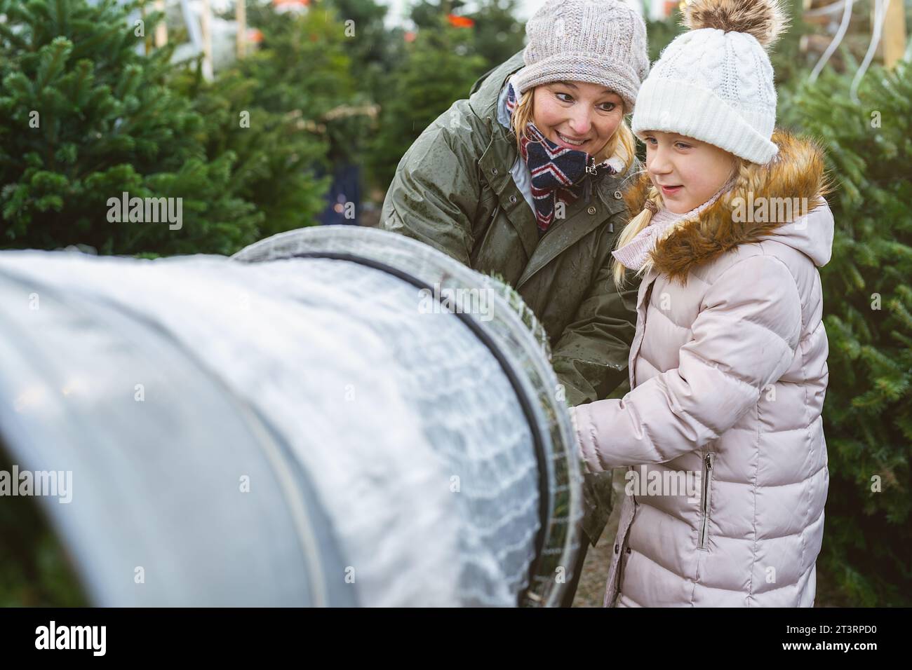 Una felice venditore aiuta un bambino a essere avvolto in un albero di Natale tagliato confezionato in una rete di plastica in un mercatino di natale, immagine del concetto di lavoro di squadra Foto Stock