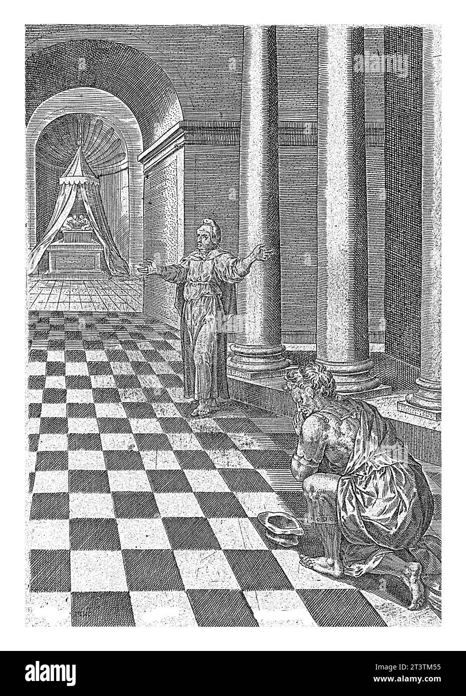 Parabola del esattore delle tasse e del fariseo, Abraham de Bruyn, dopo Crispijn van den Broeck, 1583 illustrazione del libro per la parabola della tassa coll Foto Stock