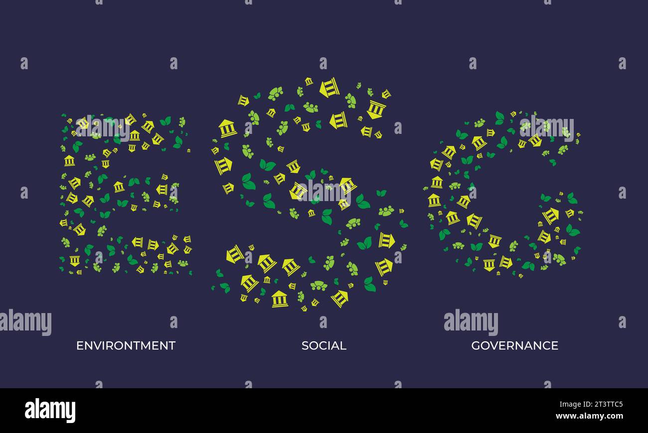 Testo ESG o Environtment Social Governance fatto da piccole icone o simboli che hanno creato ESG. Illustrazione Vettoriale