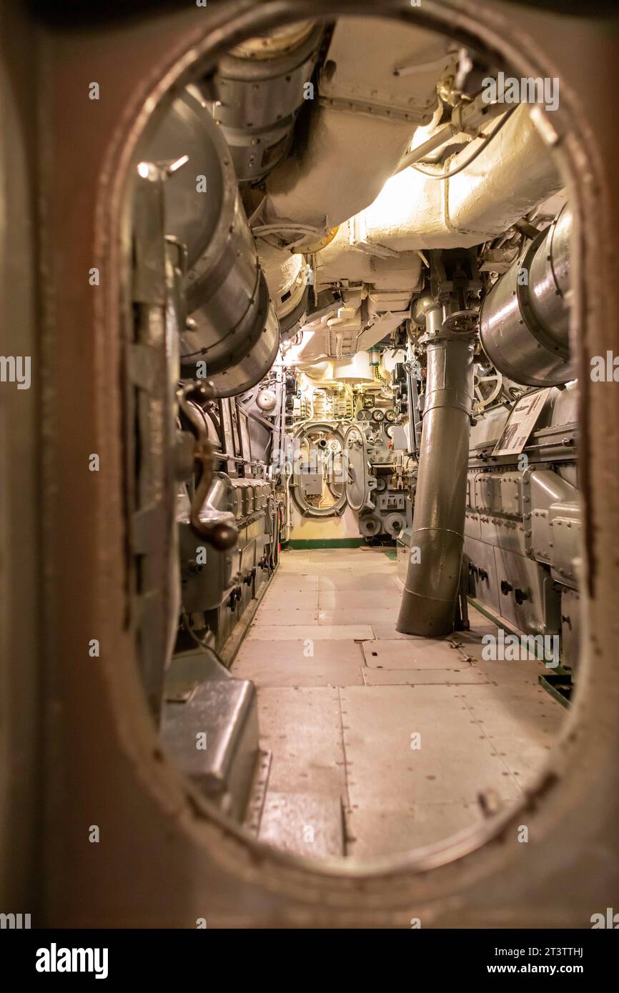 Muskegon, Michigan - sala macchine della USS Silversides, un sottomarino classe Gato della seconda guerra mondiale, presso il museo sottomarino USS Silversides. Foto Stock