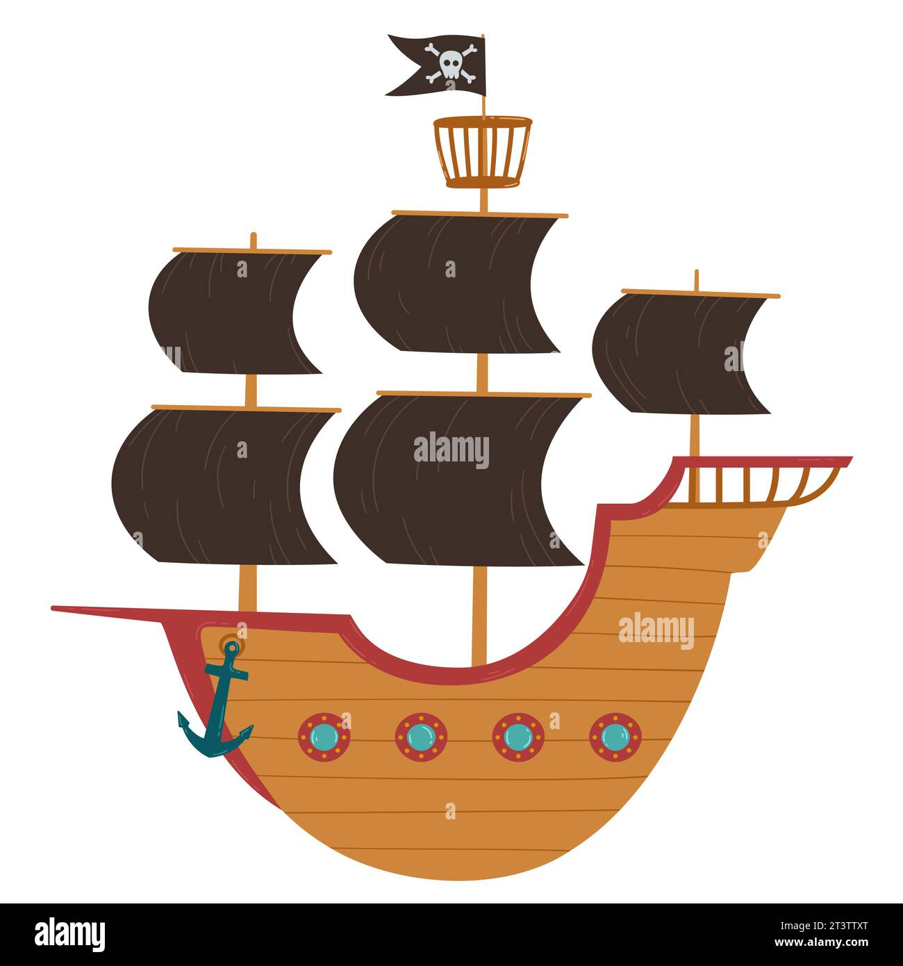 Nave pirata con vele aperte e una bandiera con un cranio e ossa incrociate. Nave pirata in legno in stile cartoni animati. Elemento di design in stile pirata. Illustrazione vettoriale Illustrazione Vettoriale