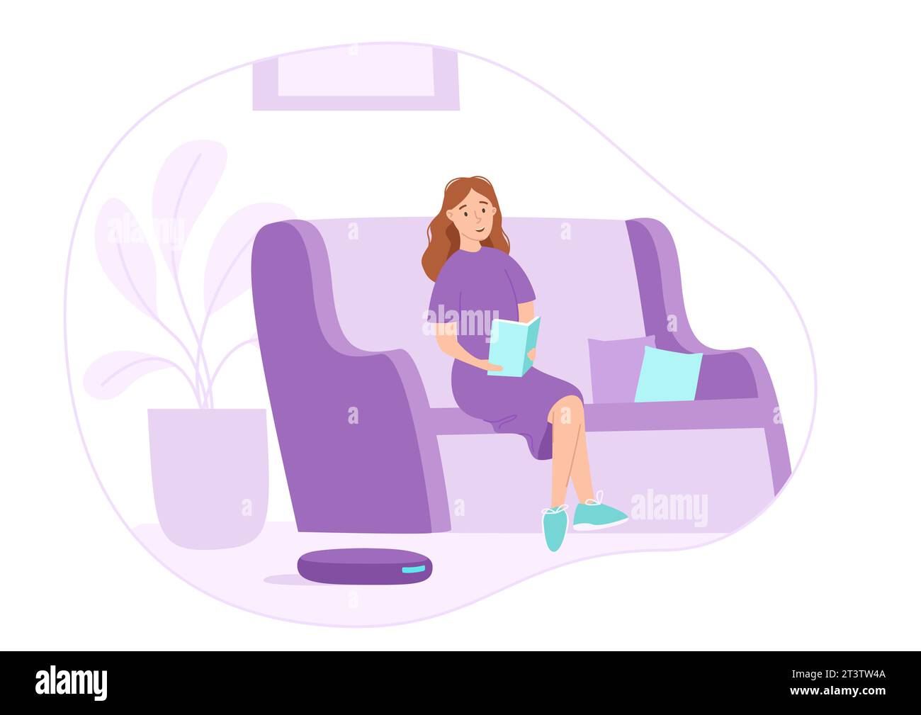 Aspirapolvere robot che pulisce la stanza mentre la donna si rilassa sul divano. Accogliente soggiorno con divano, piante e quadri. Illustrazione vettoriale. IOT. Interno Illustrazione Vettoriale