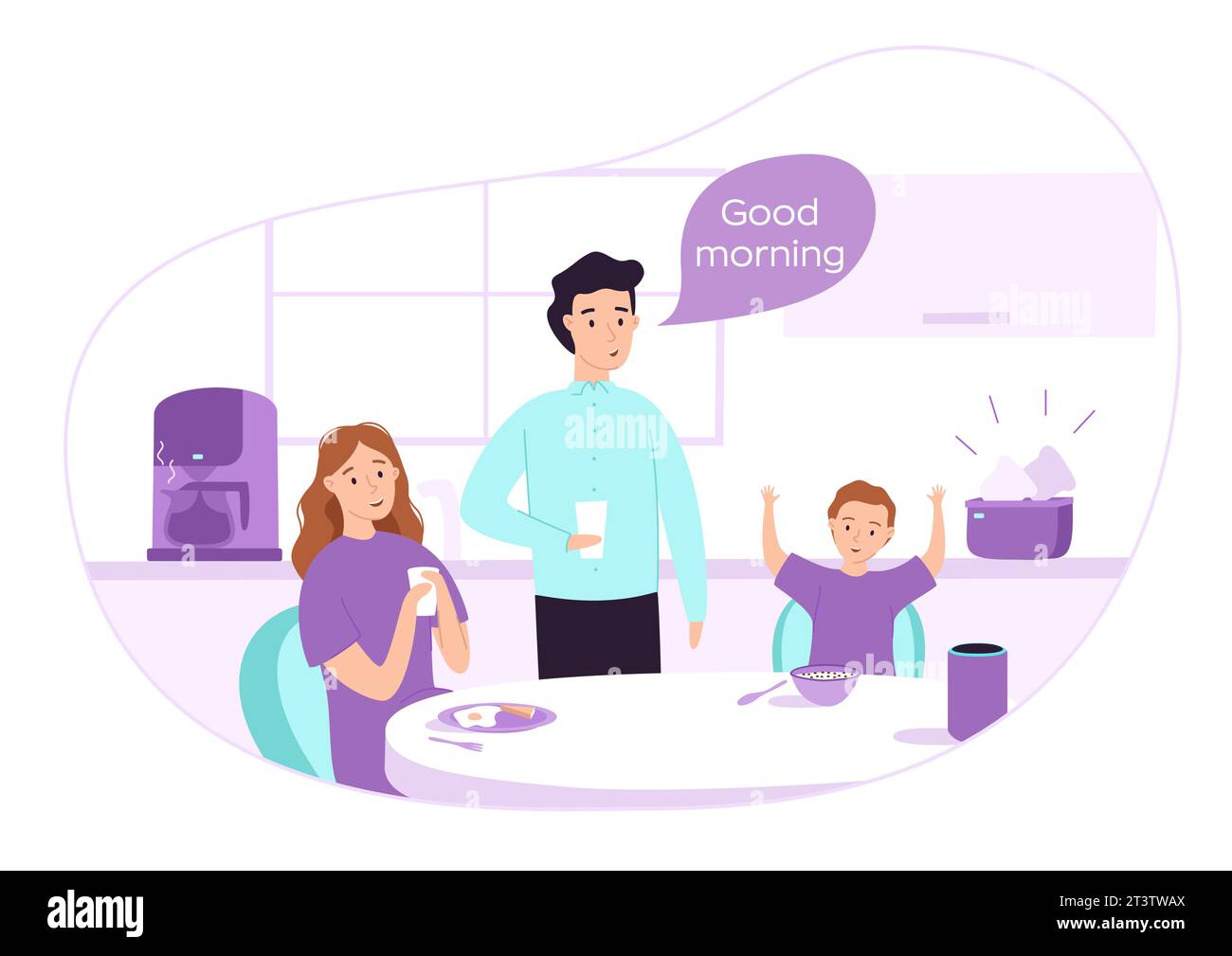 Una famiglia felice fa colazione insieme. Concetto di casa intelligente. L'altoparlante intelligente accende gli apparecchi elettrici in risposta a un comando vocale. Internet di Illustrazione Vettoriale