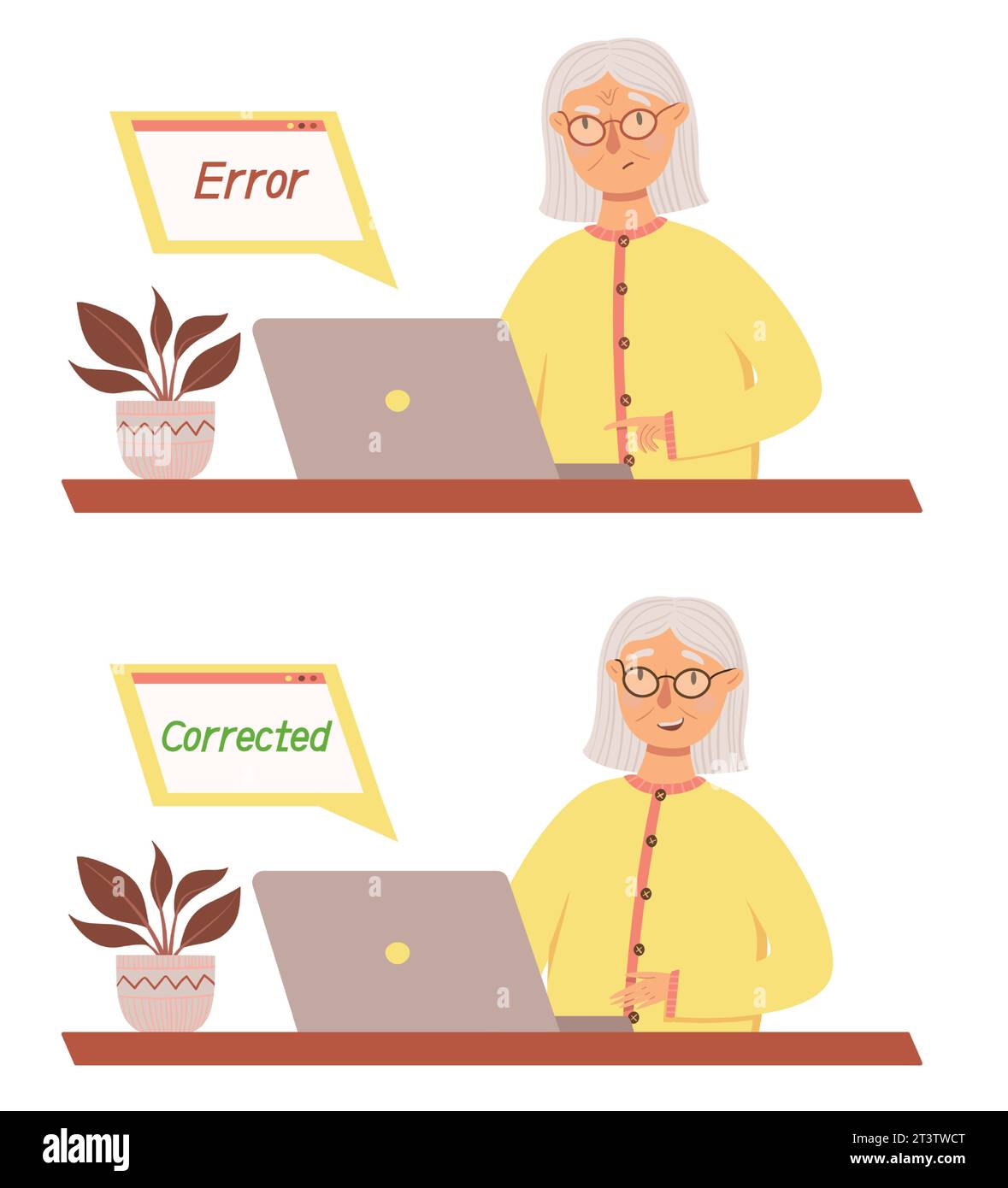 La nonna carina corregge con successo un errore nel lavorare al computer. Gli anziani lavorano con tecnologie moderne. Formazione online, lavoro remoto per el Illustrazione Vettoriale