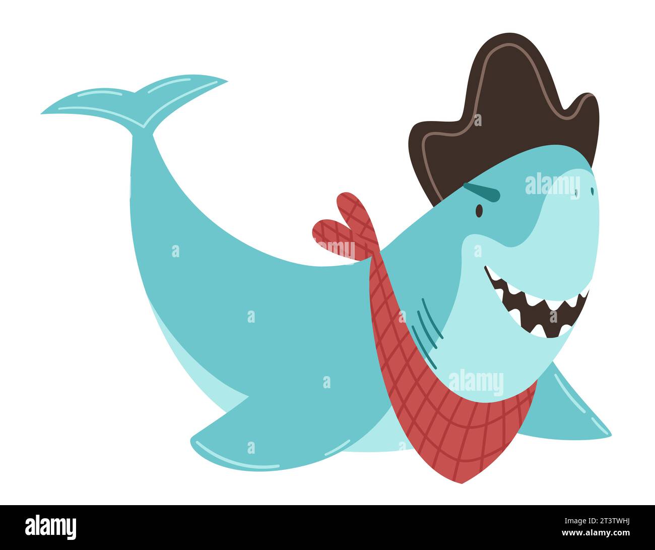 Il pirata dello squalo in cappello e sciarpa rossa. Illustrazione vettoriale per prodotti e design per neonati. Cartolina, poster, invito, adesivo. Illustrazione Vettoriale