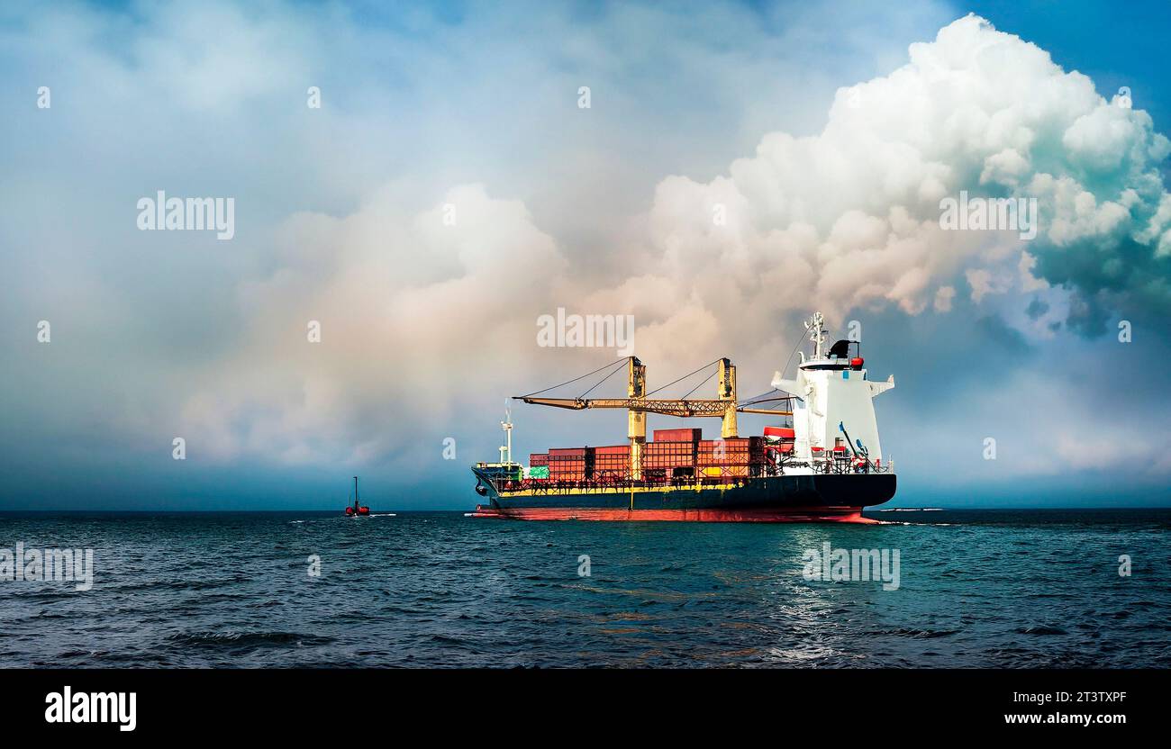 Nave da carico caricata con container Foto Stock