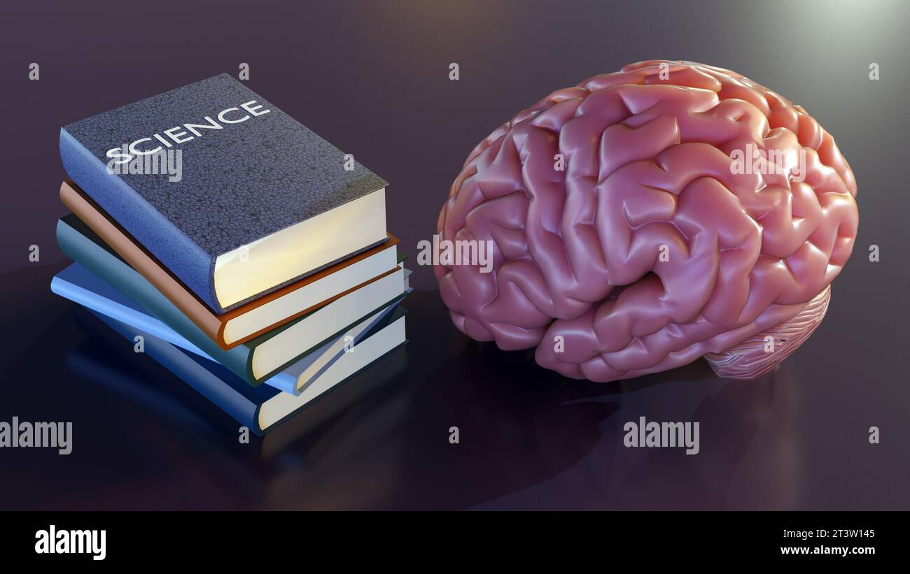 Un rendering 3D di un singolo cervello umano e una pila di libri scientifici. Foto Stock