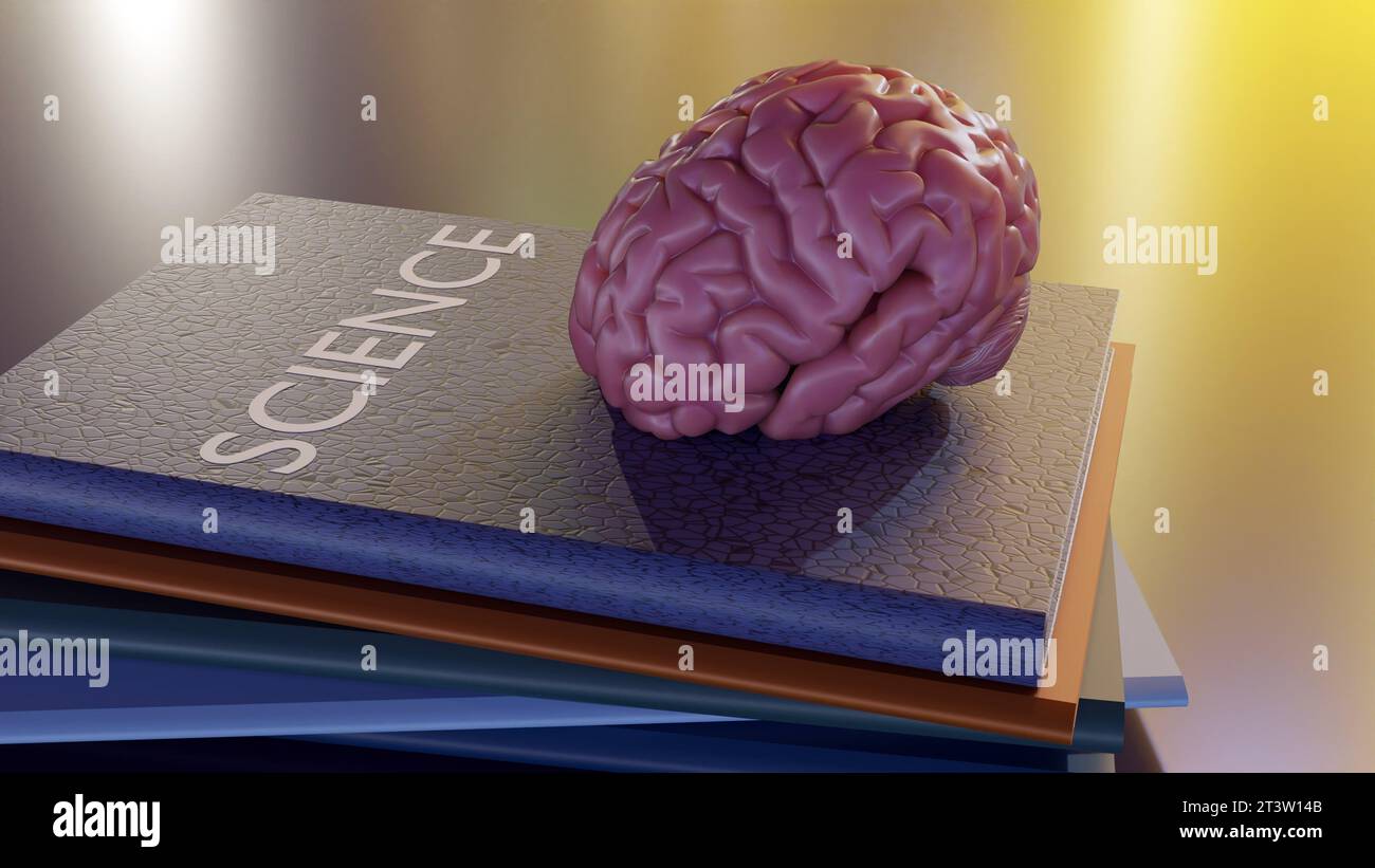 Un rendering 3D di un singolo cervello umano e una pila di libri scientifici. Foto Stock