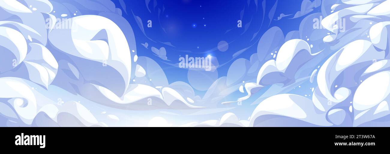 Cloudscape in stile anime. Illustrazione di cartoni animati vettoriali di cielo celeste azzurro con soffici nuvole bianche e brillanti bagliori di luce solare, nuvoloso giorno estivo, design dell'alba o del tramonto, sfondo del volo Illustrazione Vettoriale
