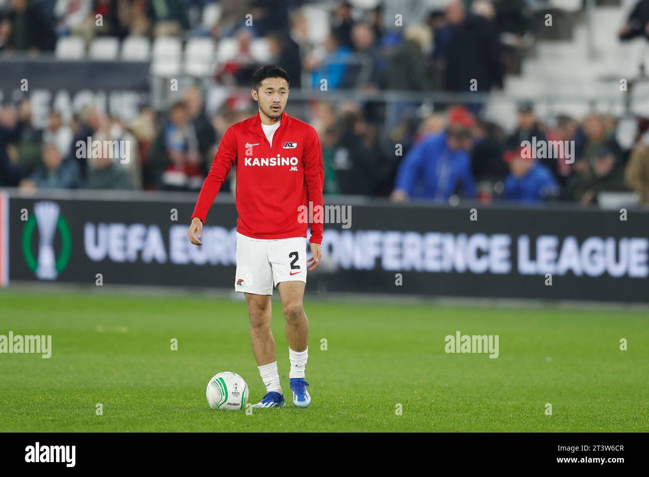 Alkmaar, Paesi Bassi. 26 ottobre 2023. Yukinari Sugawara (AZ) calcio/calcio : UEFA Europa Conference League fase a gironi gruppo e partita tra AZ Alkmaar 1-4 Aston Villa FC allo Stadion AZ di Alkmaar, Paesi Bassi . Crediti: Mutsu Kawamori/AFLO/Alamy Live News Foto Stock