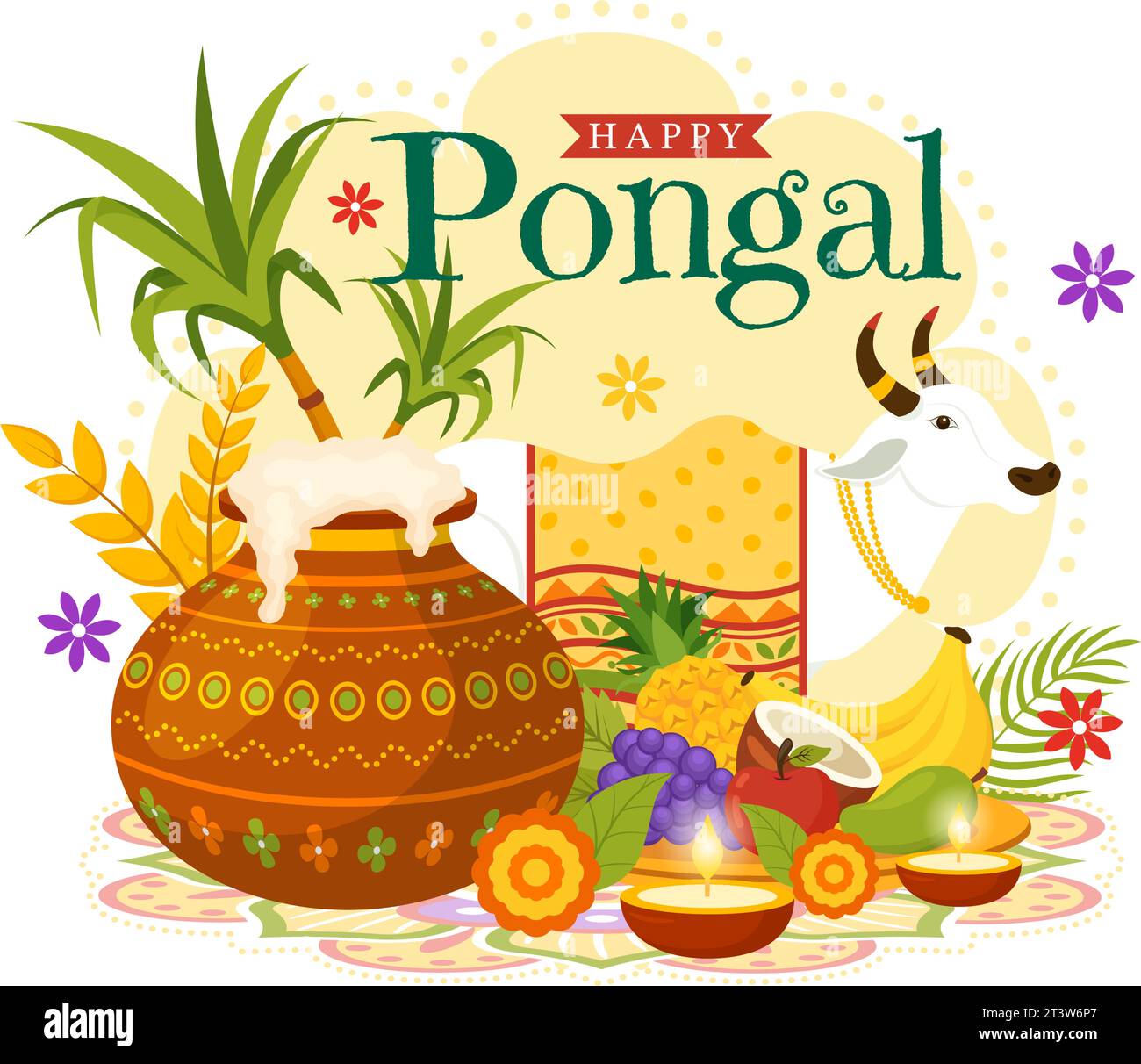 Happy Pongal Vector Illustration of Traditional Tamil Nadu India Festival Celebration with Sugarcane and Plate of Religious Props in Flat background Illustrazione Vettoriale