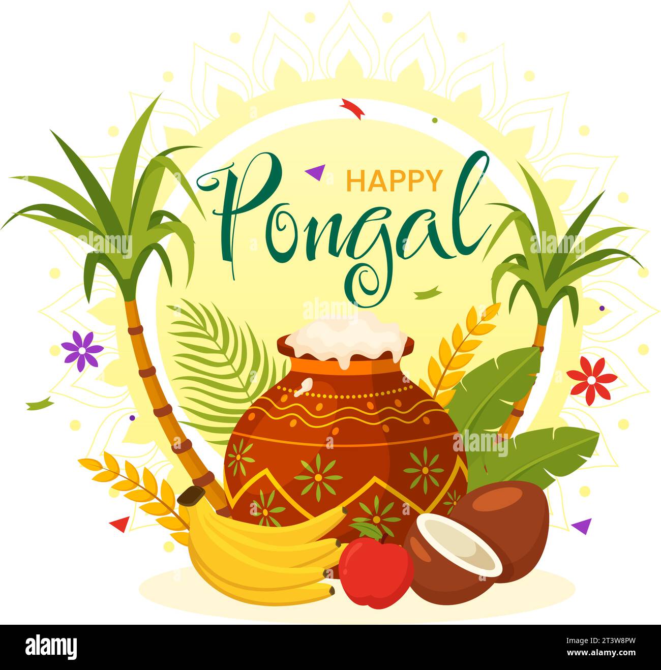 Happy Pongal Vector Illustration of Traditional Tamil Nadu India Festival Celebration with Sugarcane and Plate of Religious Props in Flat background Illustrazione Vettoriale