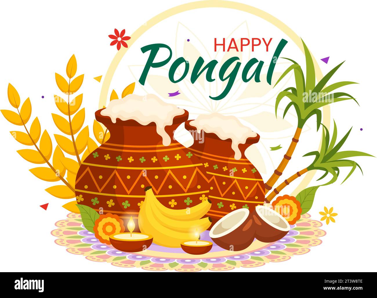 Happy Pongal Vector Illustration of Traditional Tamil Nadu India Festival Celebration with Sugarcane and Plate of Religious Props in Flat background Illustrazione Vettoriale