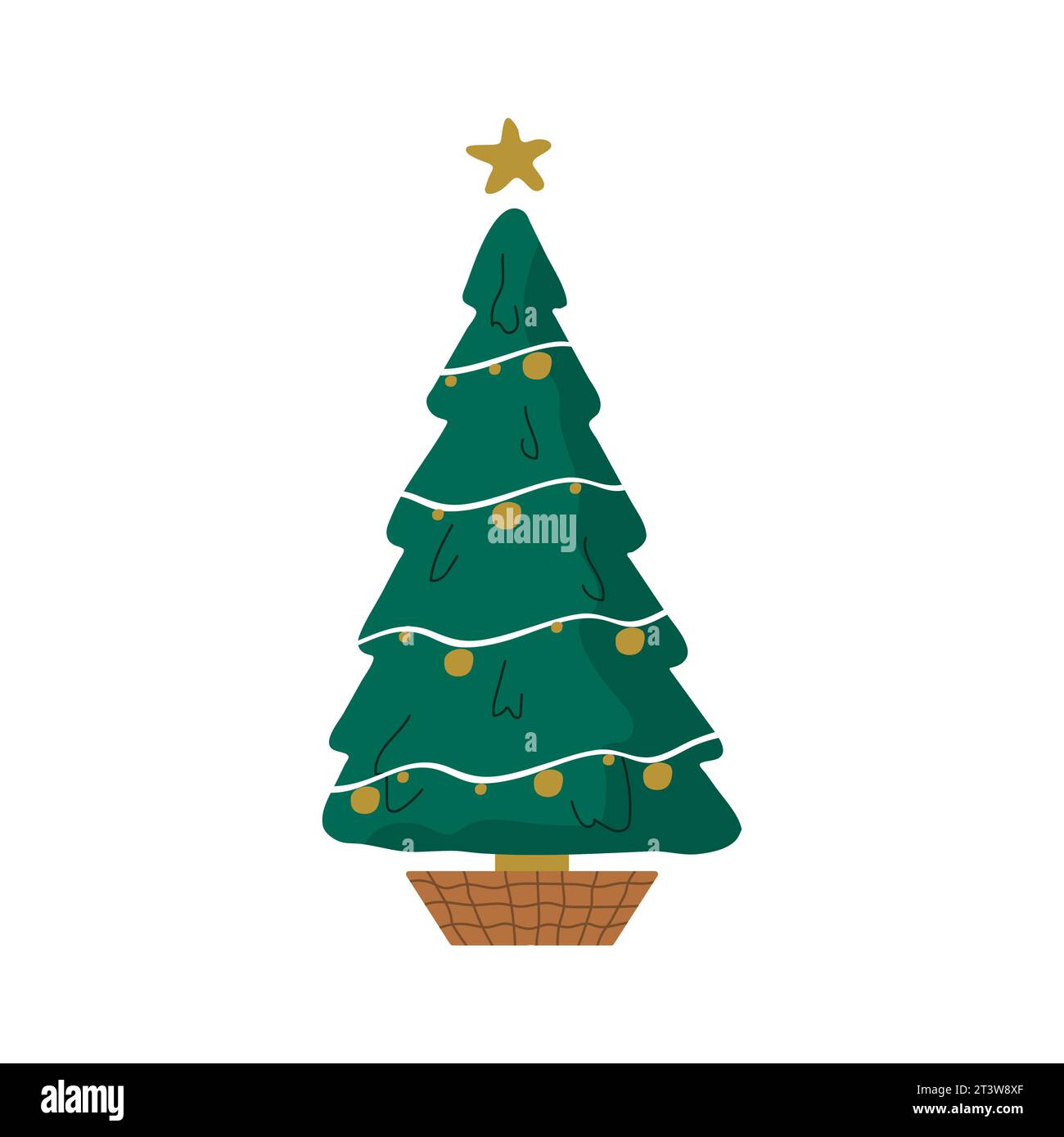 Albero di Natale in vaso. Abete rosso per le vacanze con ghirlande e stelle. Intima decorazione domestica su sfondo bianco. Illustrazione vettoriale in stile cartone animato piatto Illustrazione Vettoriale