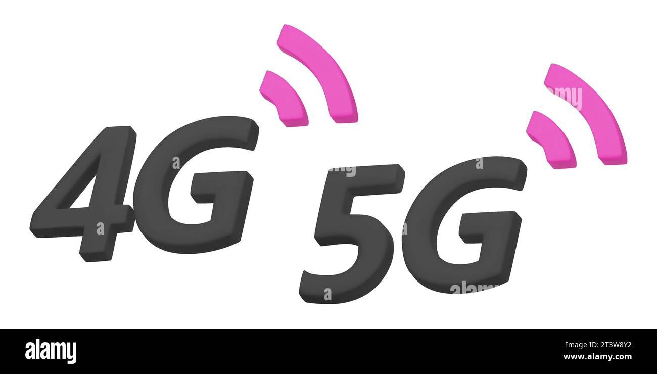 Rendering 3D di segnali 4G, 5G, connessione wireless dati ad alta velocità cellulare. Illustrazioni vettoriali 3d realistiche su sfondo bianco. Illustrazione Vettoriale