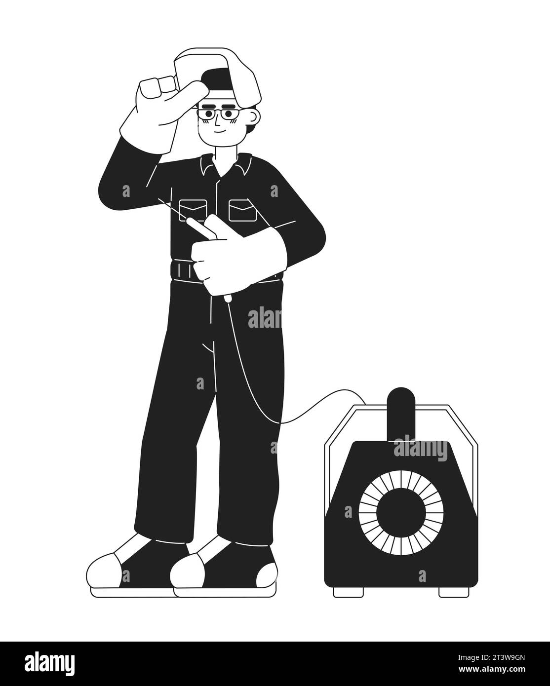 Illustrazione piatta di cartoni animati in bianco e nero per saldatore operaio Illustrazione Vettoriale