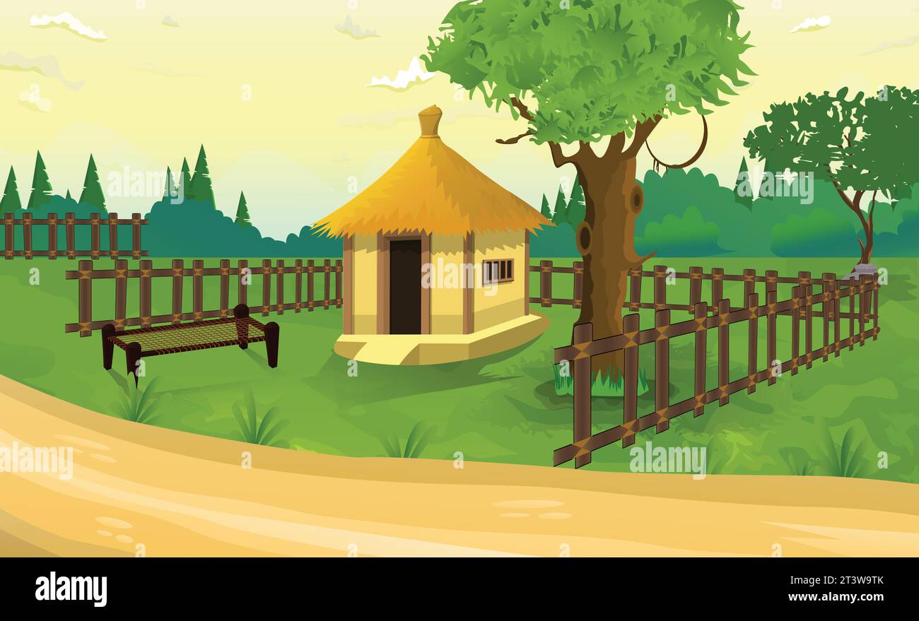 Casa colonica del villaggio vecchi cottage rurali, casetta contadina serale del villaggio verde cielo Illustrazione Vettoriale