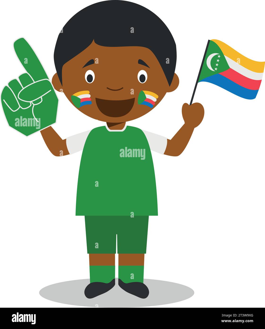 Tifoso della nazionale delle Comore con bandiera e guanto Vector Illustration Illustrazione Vettoriale