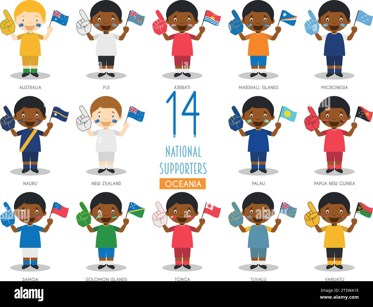 Set di 14 tifosi delle squadre sportive nazionali provenienti dai paesi oceanici Vector Illustration Illustrazione Vettoriale