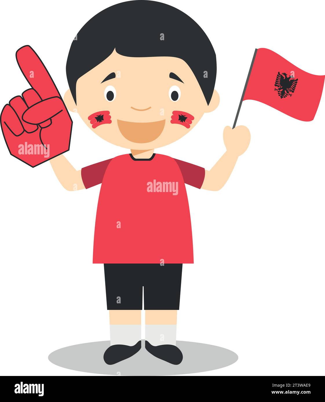 Tifoso della nazionale albanese con bandiera e guanto Vector Illustration Illustrazione Vettoriale
