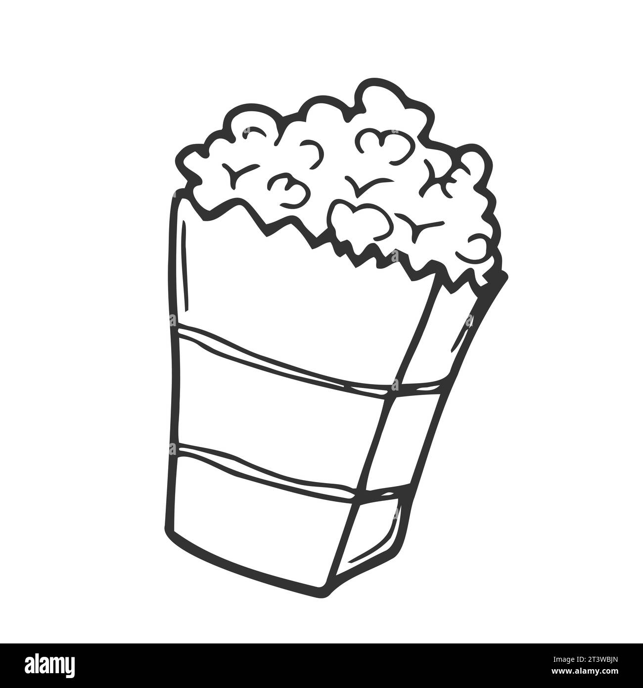 Icona dei popcorn a profilo. Illustrazione a cartoni animati disegnati a mano del cibo nel cinema. Simbolo americano dello spuntino in stile doodle. Grande tazza di carta a righe in alto Illustrazione Vettoriale