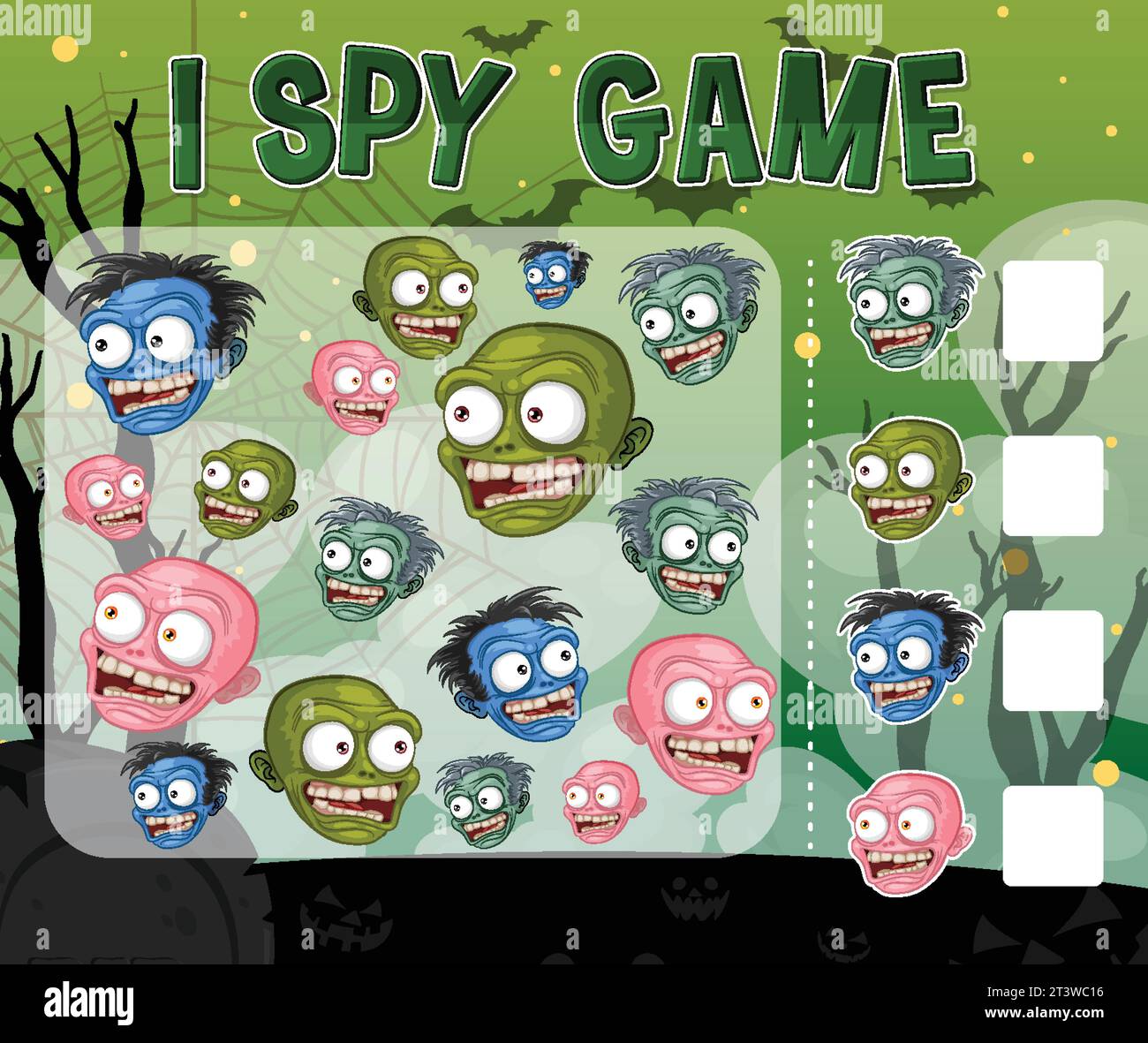 Un modello di gioco i-Spy in stile cartoni animati vettoriale con un tema zombie di Halloween Illustrazione Vettoriale