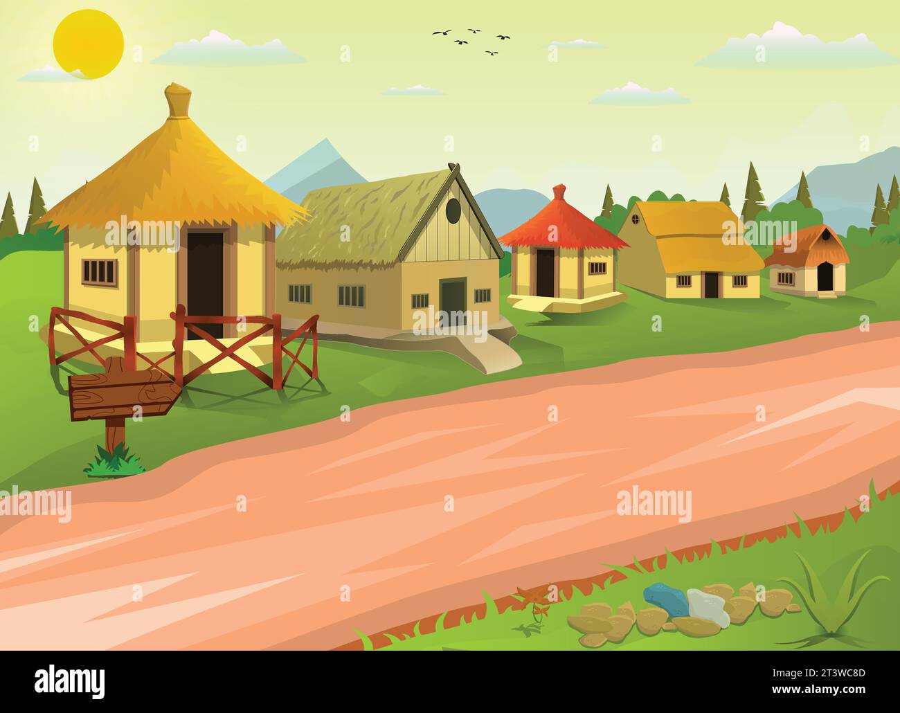 Casa colonica del villaggio vecchi cottage rurali, casetta contadina serale del villaggio verde cielo Illustrazione Vettoriale