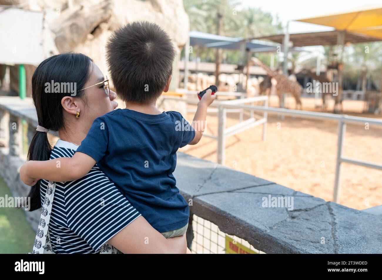 Un bambino di due anni e sua madre che guardano le giraffe in uno zoo all'aperto. Sono in piedi accanto a una gabbia con animali, la madre tiene un ragazzo in braccio Foto Stock