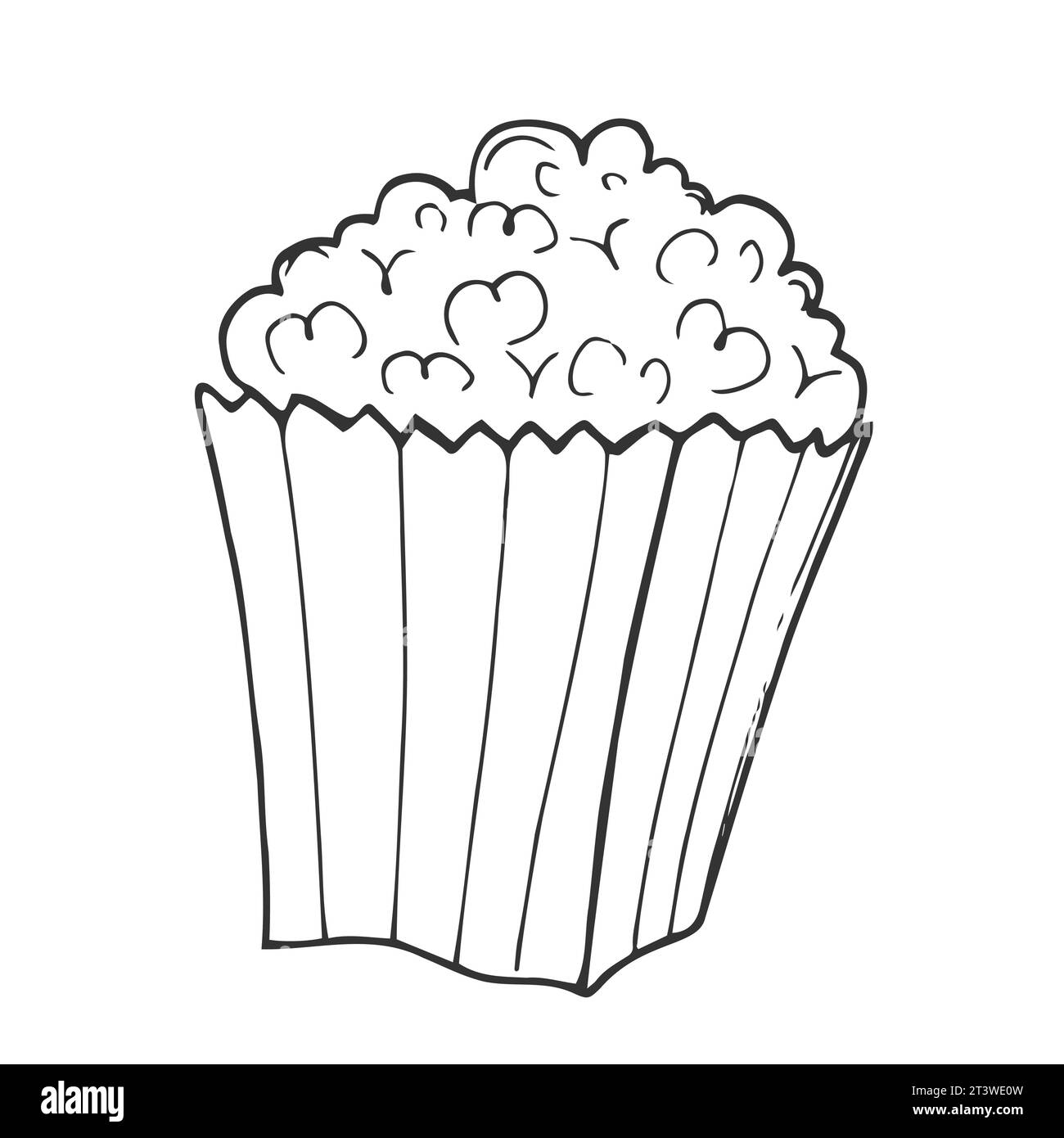 Icona dei popcorn a profilo. Illustrazione a cartoni animati disegnati a mano del cibo nel cinema. Simbolo americano dello spuntino in stile doodle. Grande tazza di carta a righe in alto Illustrazione Vettoriale