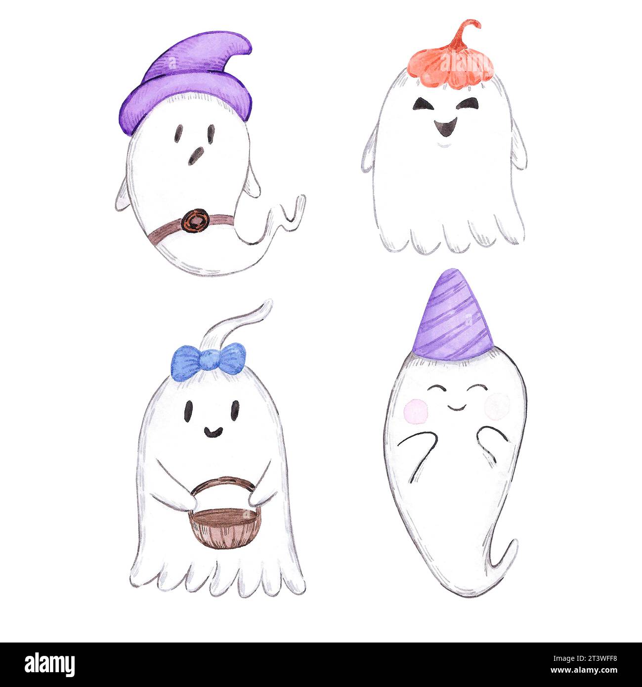 Divertenti fantasmi di halloween disegnati a mano isolati su sfondo bianco. Può essere utilizzato per album, cartoline, inviti, album e altre stampe p Foto Stock