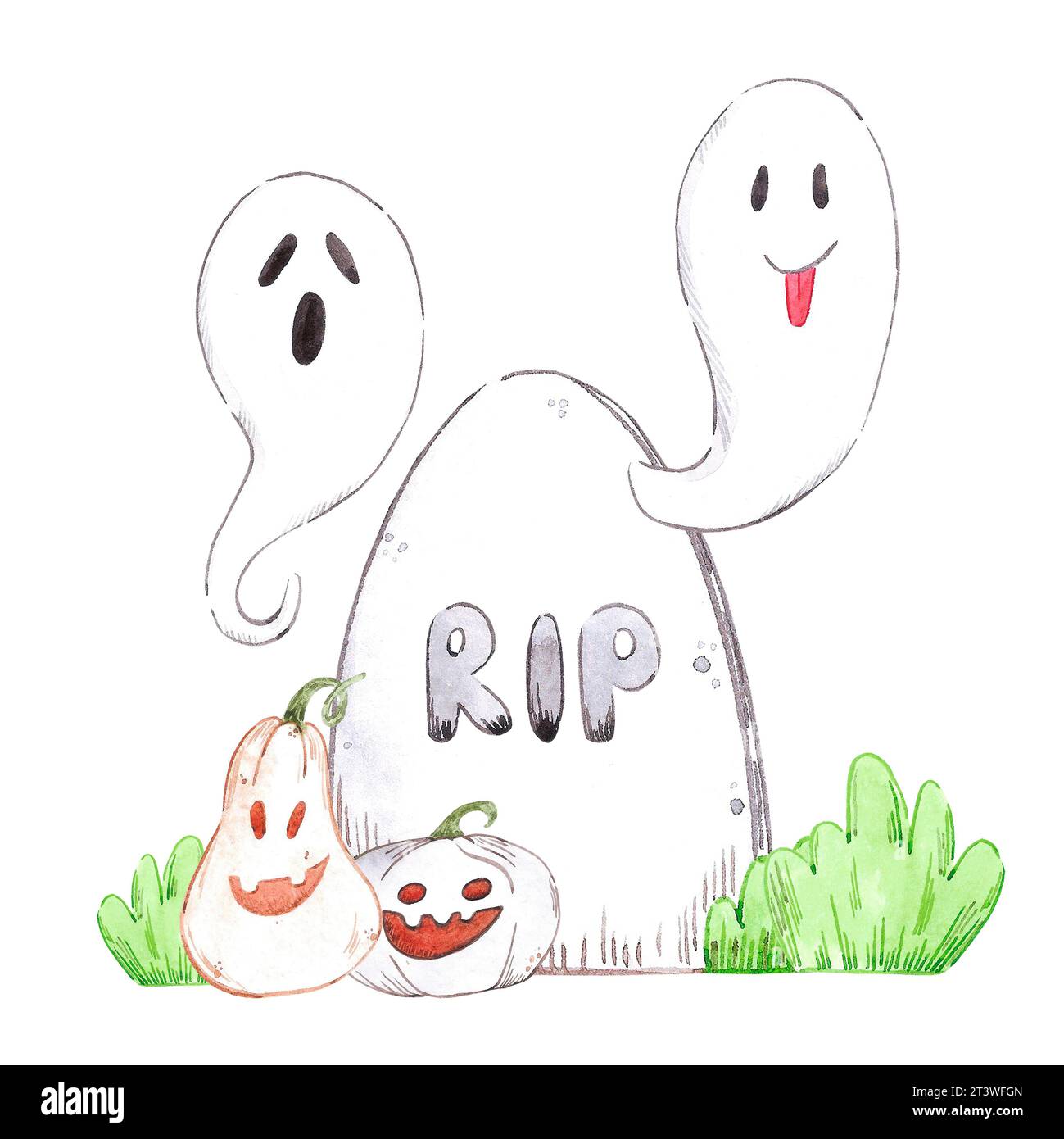 Divertenti fantasmi di halloween disegnati a mano isolati su sfondo bianco. Può essere utilizzato per album, cartoline, inviti, album e altre stampe p Foto Stock